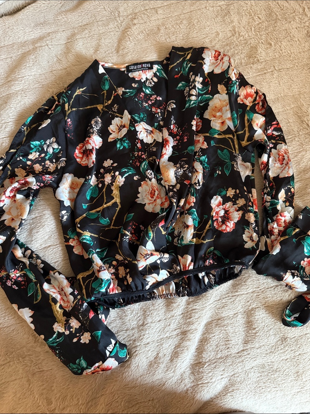 Fashion Nova Black Floral Wrap Crop Top with Pink & Green Accents